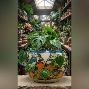 Large Hand Painted Talavera Style Ceramic Planter - 9.5" Floral Pottery Pot